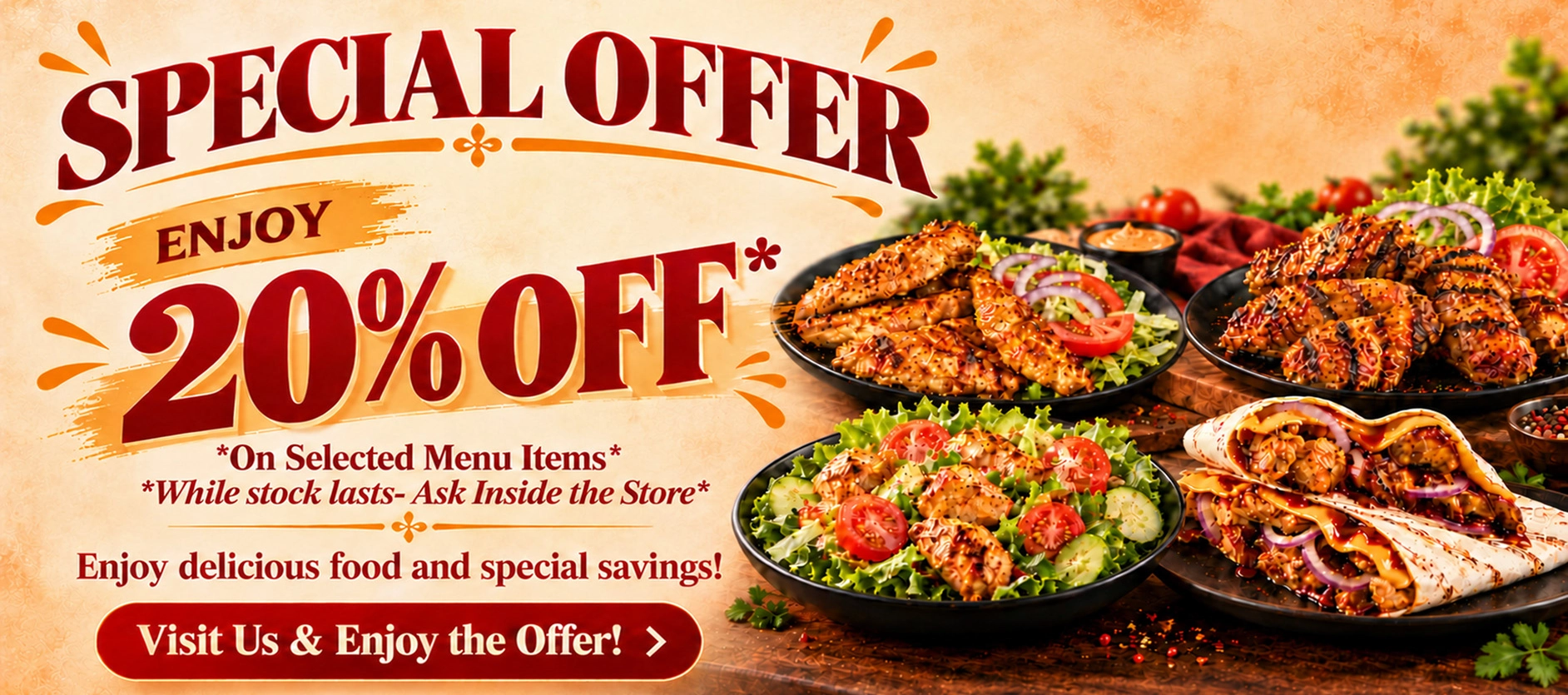 Flame-grilled food at Flames & Peppers